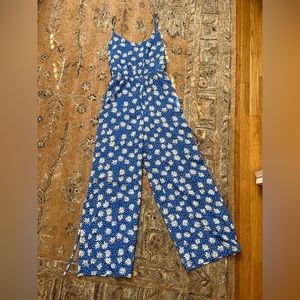 Blue floral jumpsuit with tie